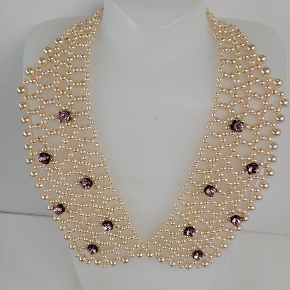 White Faux Pearl Beaded‎ Bib Necklace Purple Rhinestone Statement 18 in Jewelry